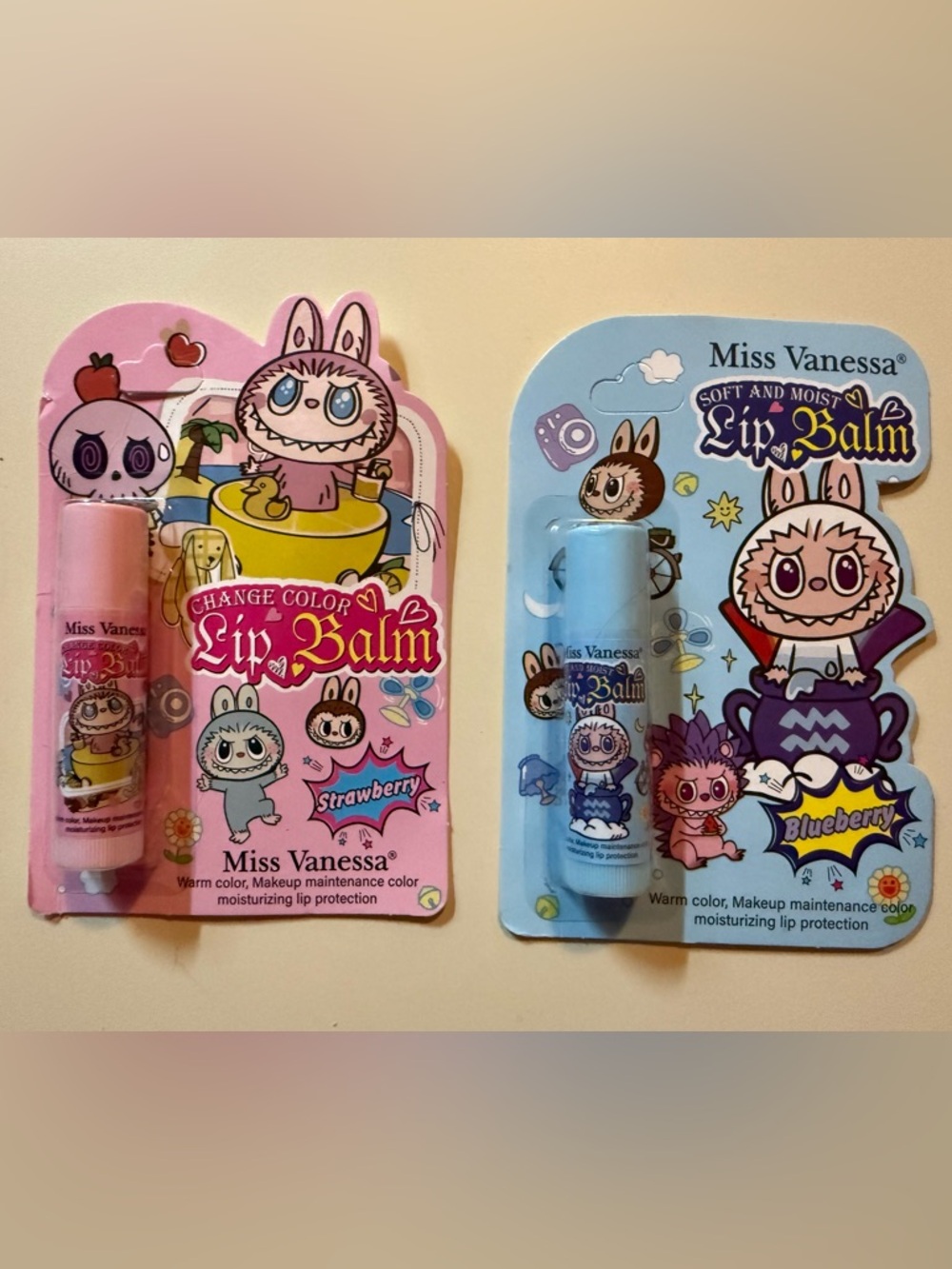 Labubu Kids Change Color Lip Balm - Strawberry (Pink) & Blueberry (Light Blue)